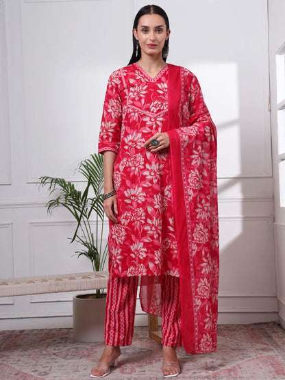 Pink Pure Cotton Floral Print Kantha Work Straight Kurta Pant Set
