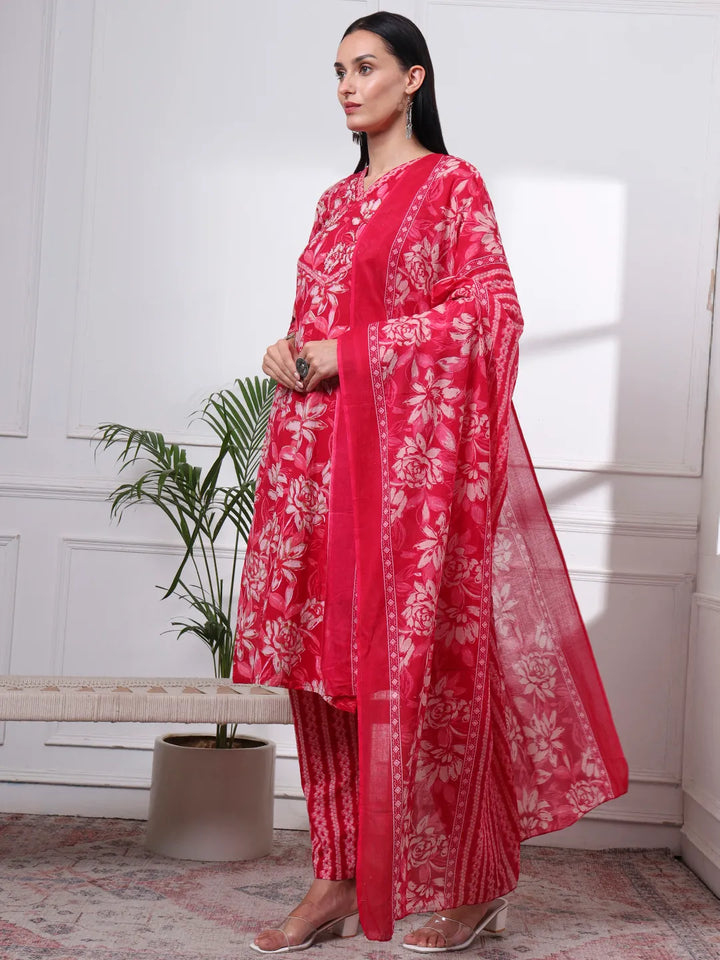 Pink Pure Cotton Floral Print Kantha Work Straight Kurta Pant Set