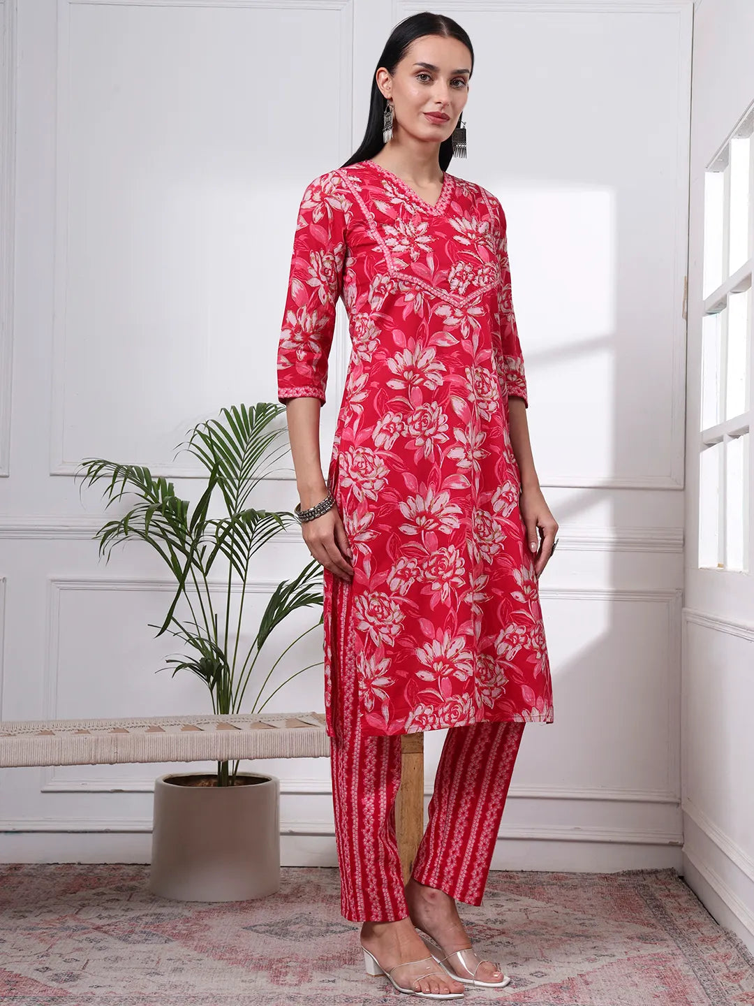 Pink Pure Cotton Floral Print Kantha Work Straight Kurta Pant Set