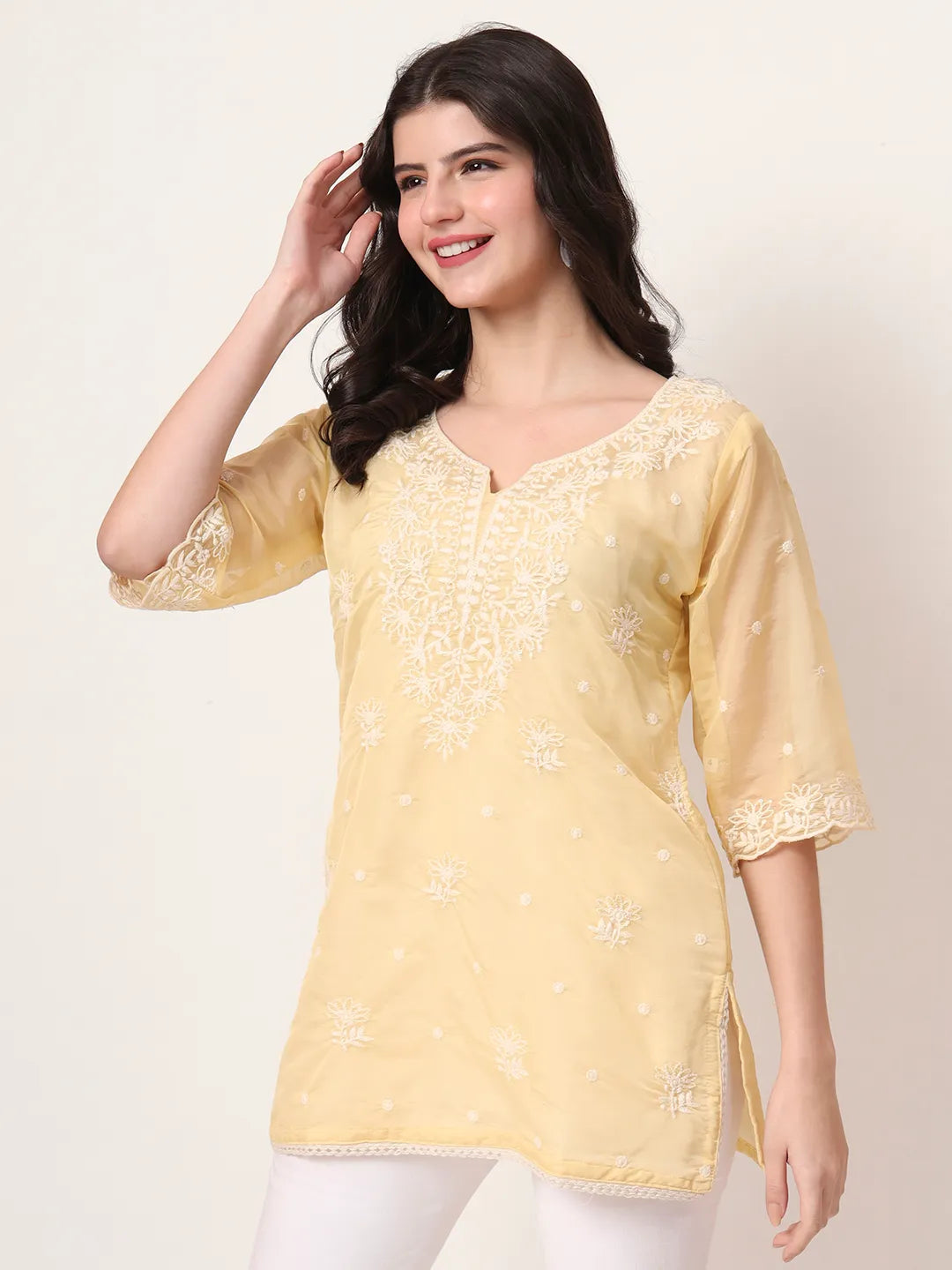 Yellow Thread Work Organza Top