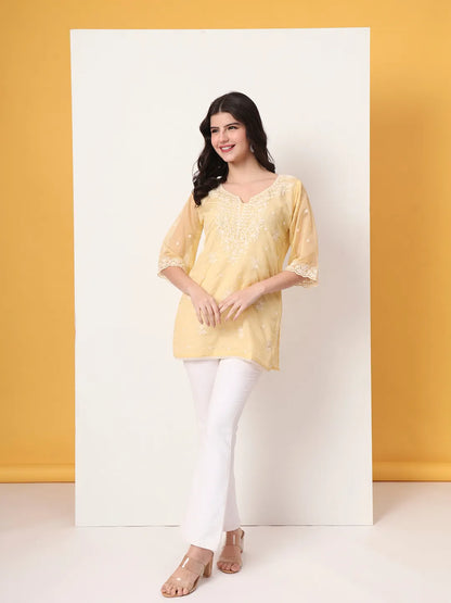 Yellow Thread Work Organza Top