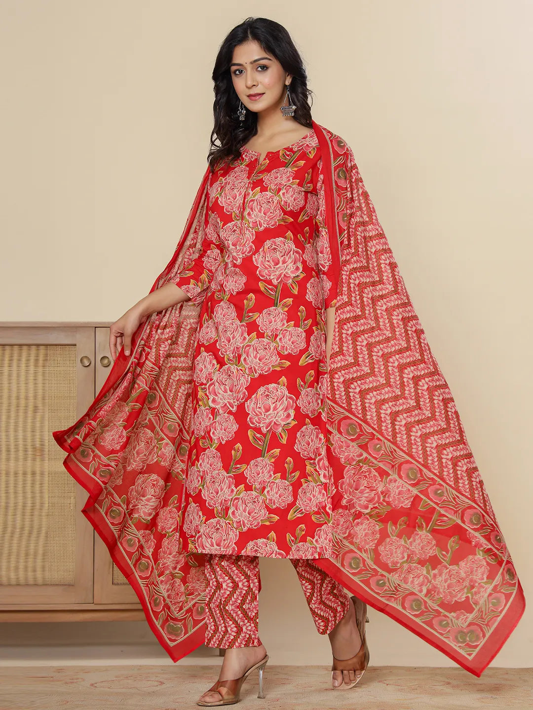 Red Pure Cotton Kurta Dupatta Pant Set