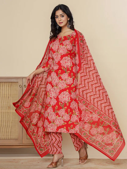 Red Pure Cotton Kurta Dupatta Pant Set