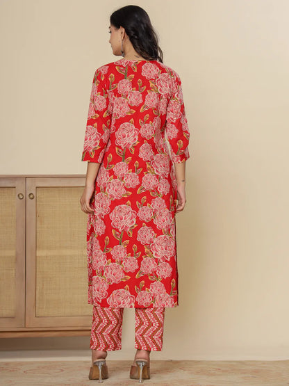 Red Pure Cotton Kurta Dupatta Pant Set