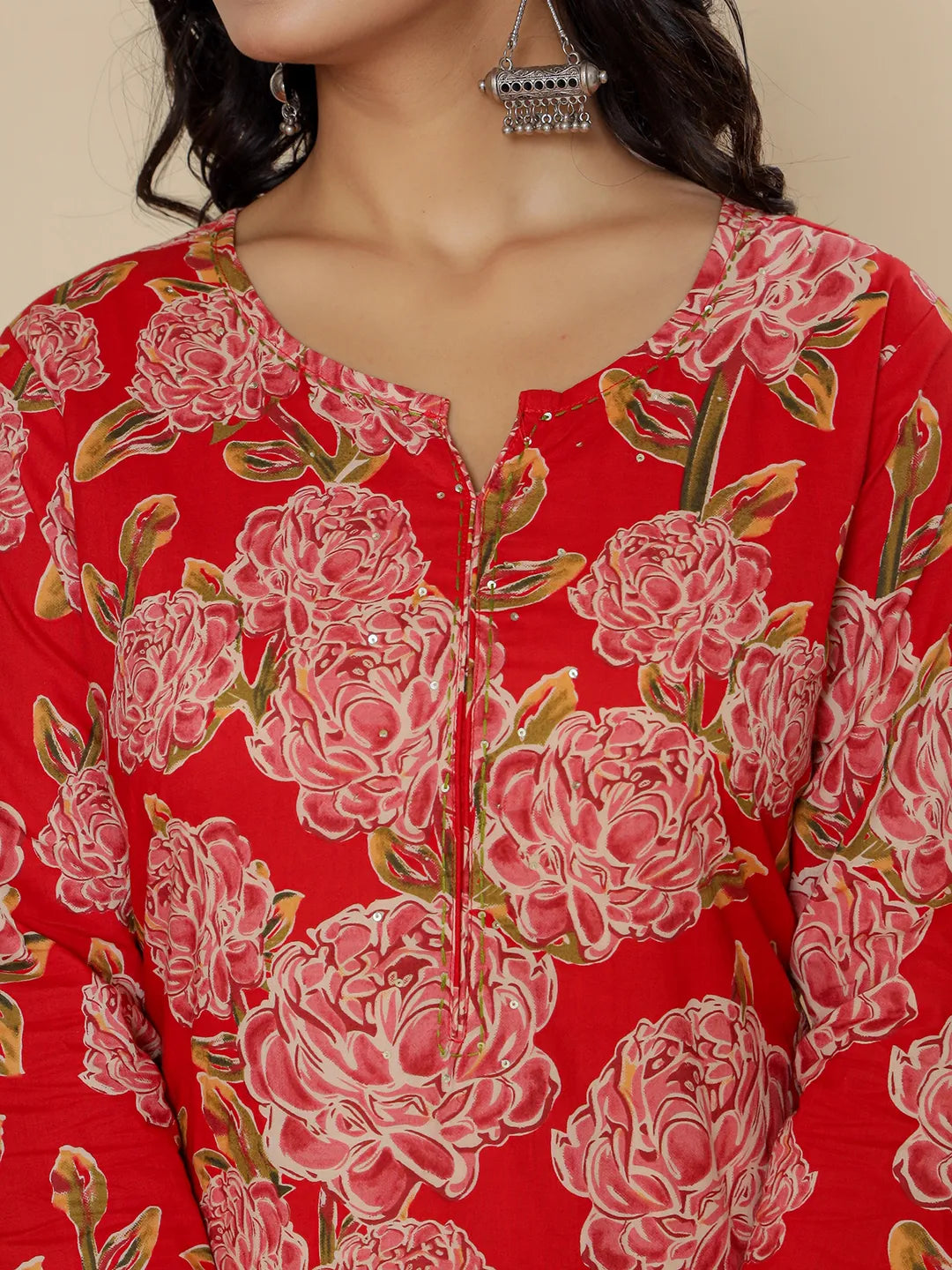 Red Pure Cotton Kurta Dupatta Pant Set