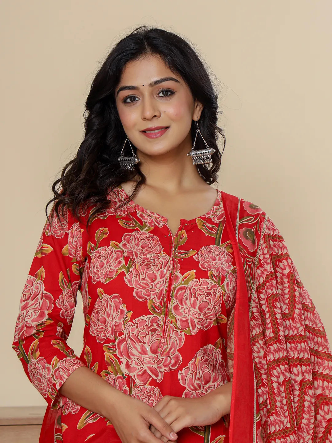 Red Pure Cotton Kurta Dupatta Pant Set