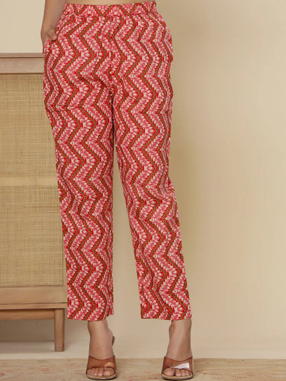 Red Pure Cotton Kurta Dupatta Pant Set