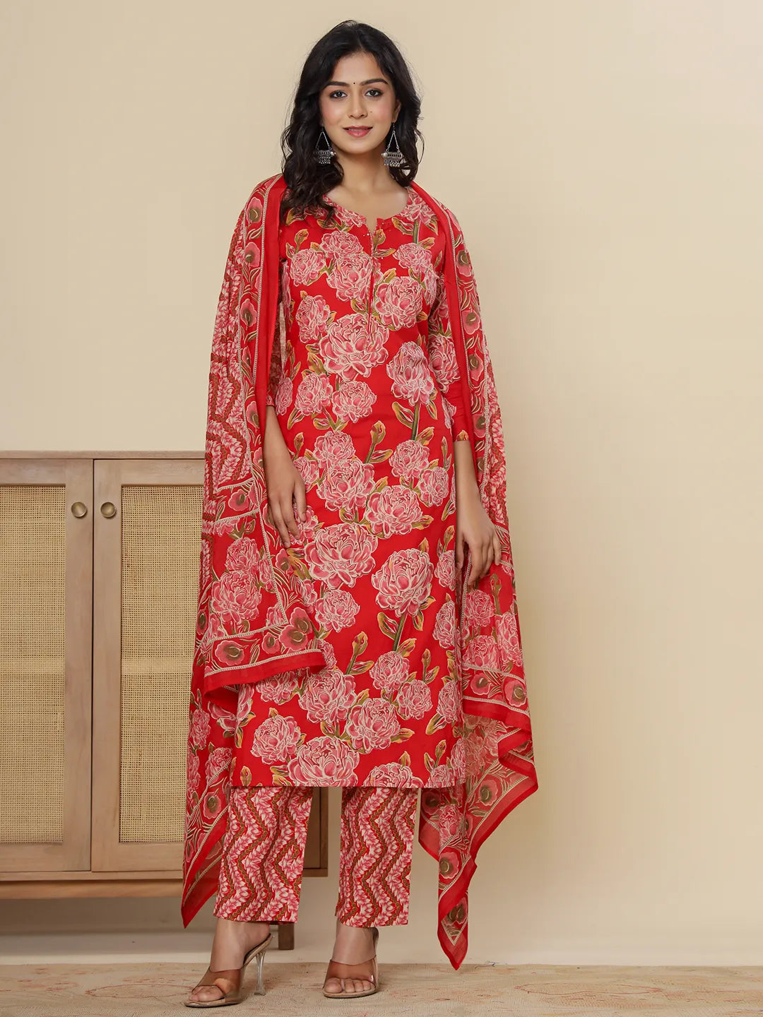 Red Pure Cotton Kurta Dupatta Pant Set