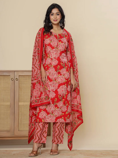 Red Pure Cotton Kurta Dupatta Pant Set