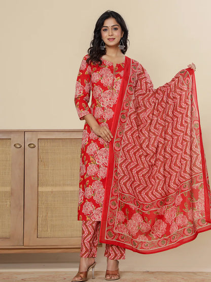 Red Pure Cotton Kurta Dupatta Pant Set