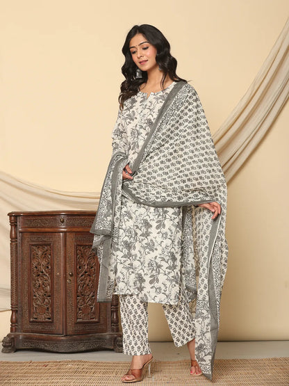 Grey Pure Cotton Kurta Dupatta Pant Set