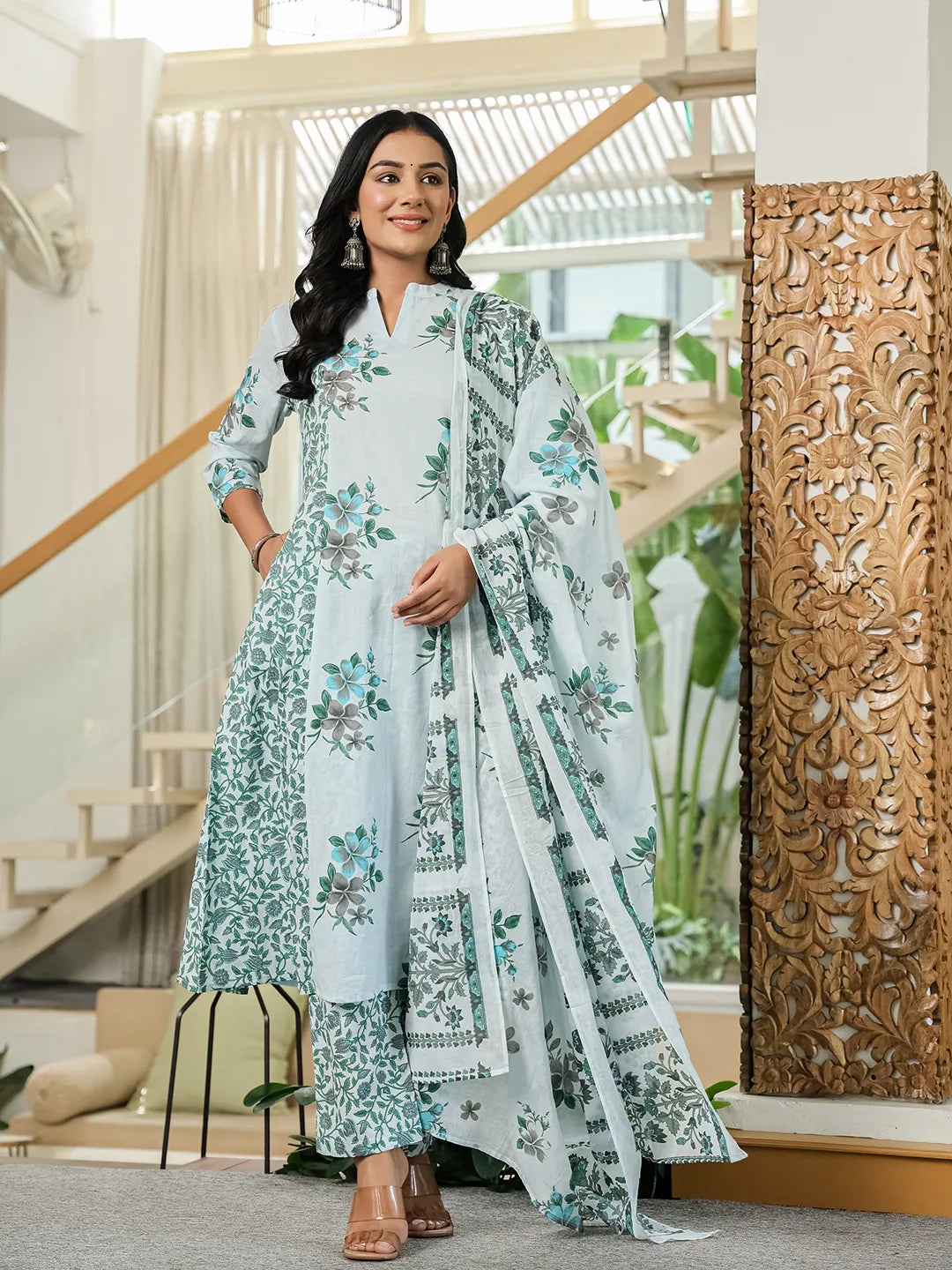 Women's Sky Blue Cotton Sky Blue Cotton A Line Kurta Dupatta Set by Yufta, suitable for wholesale buyers, boutiques, retailers, resellers and bulk fashion orders from Trendphoria