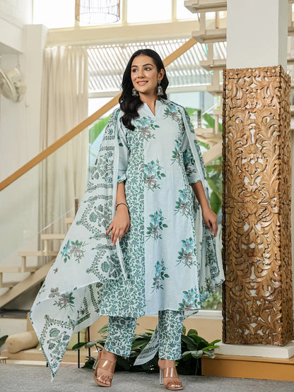 Sky Blue Cotton A Line Kurta Dupatta Set
