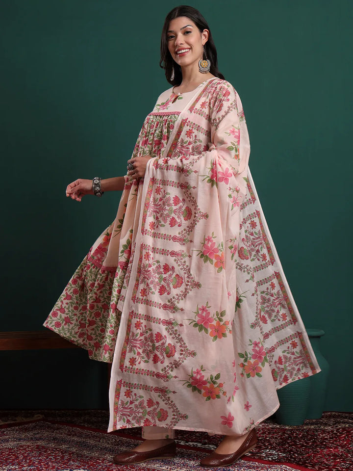 Pink And Cream Cotton Floral Print Lace Work Tiered Kurta Pants &amp; Dupatta Set