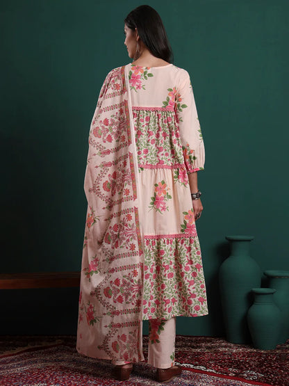 Pink And Cream Cotton Floral Print Lace Work Tiered Kurta Pants & Dupatta Set