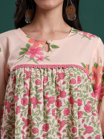 Pink And Cream Cotton Floral Print Lace Work Tiered Kurta Pants & Dupatta Set