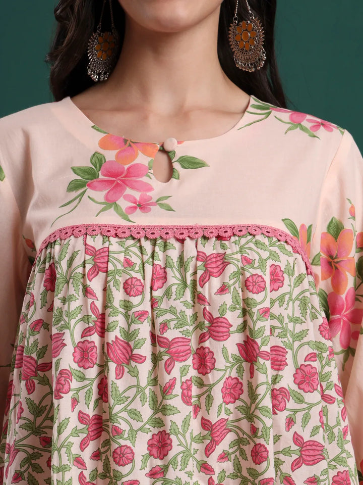 Pink And Cream Cotton Floral Print Lace Work Tiered Kurta Pants &amp; Dupatta Set