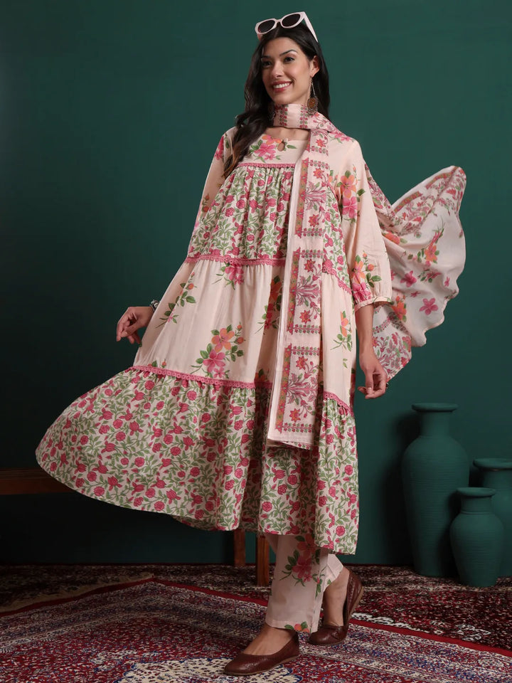 Pink And Cream Cotton Floral Print Lace Work Tiered Kurta Pants &amp; Dupatta Set