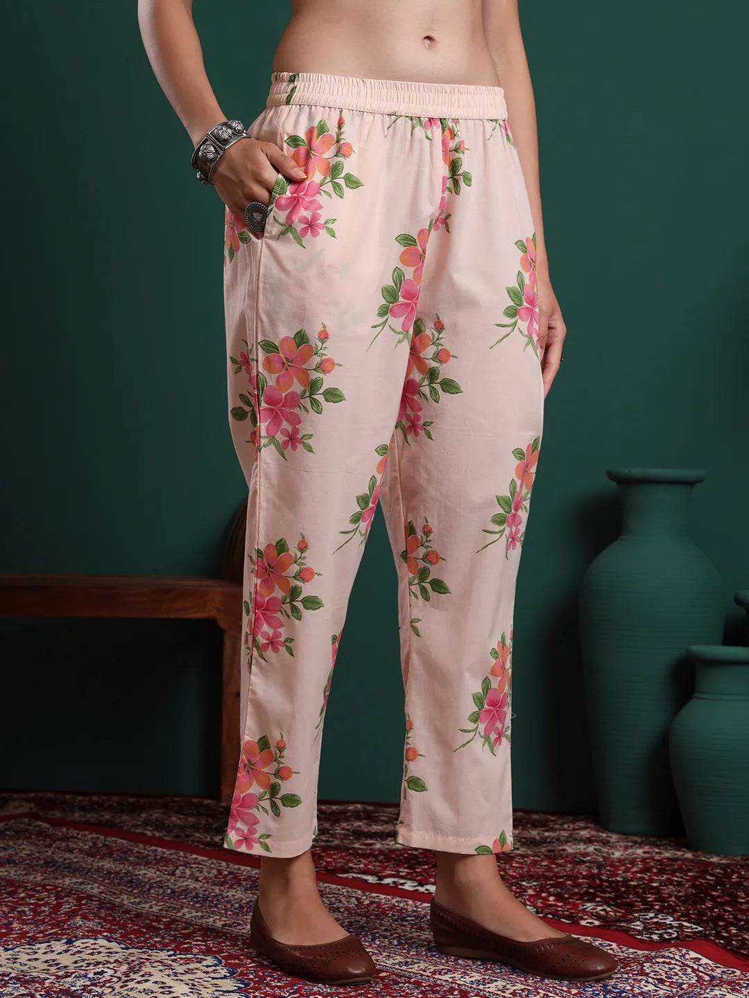 Pink And Cream Cotton Floral Print Lace Work Tiered Kurta Pants & Dupatta Set