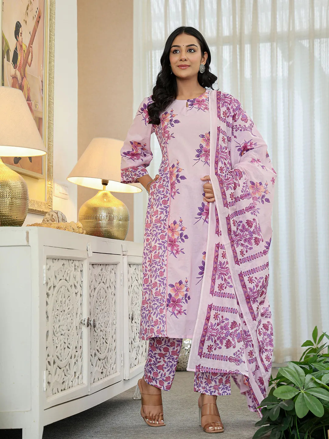 Lavender Cotton A Line  Dupatta Set With Lacework