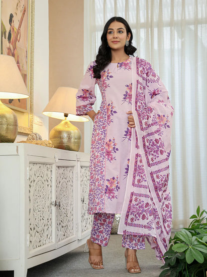 Lavender Cotton A Line  Dupatta Set With Lacework