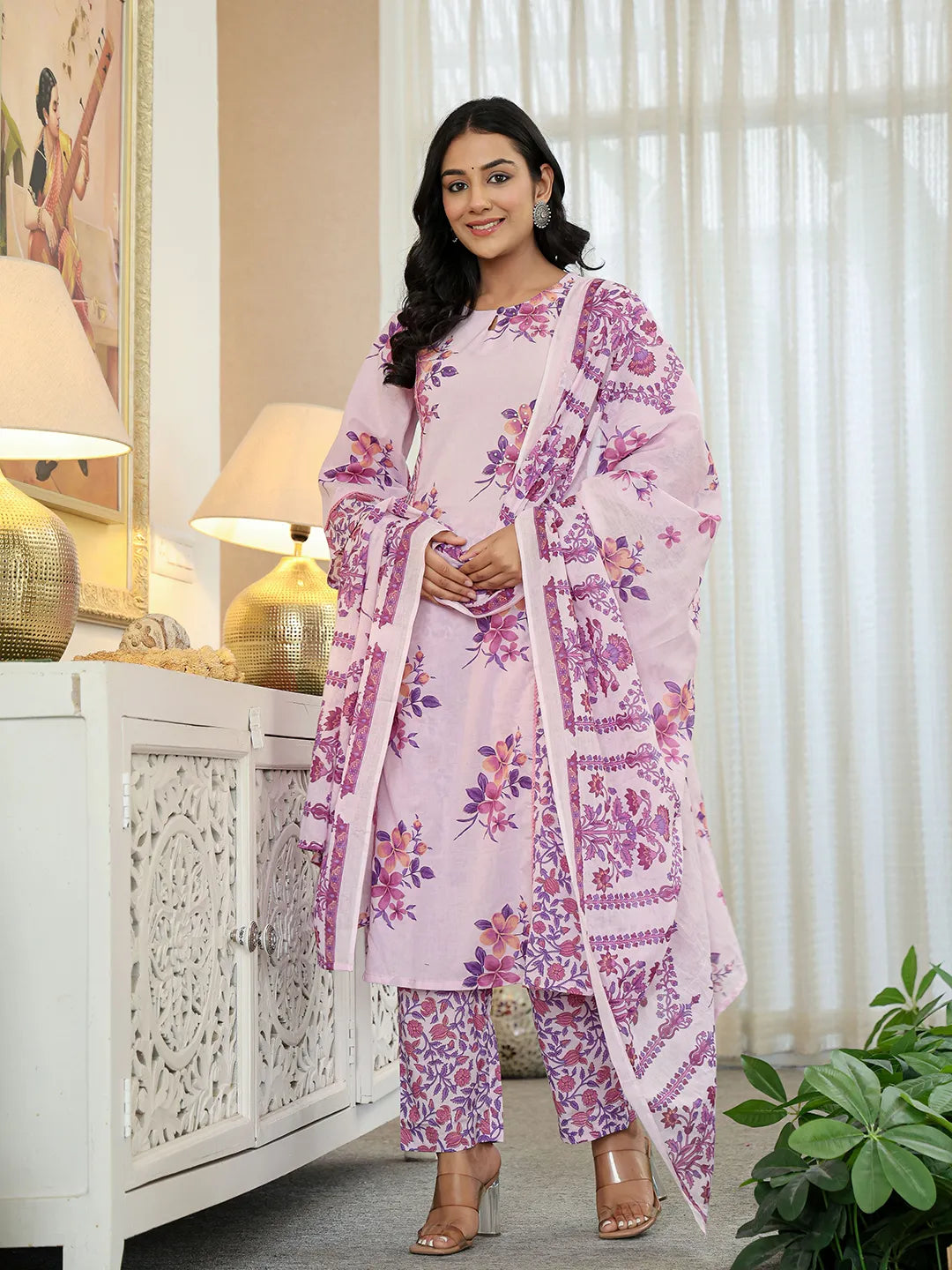 Lavender Cotton A Line  Dupatta Set With Lacework