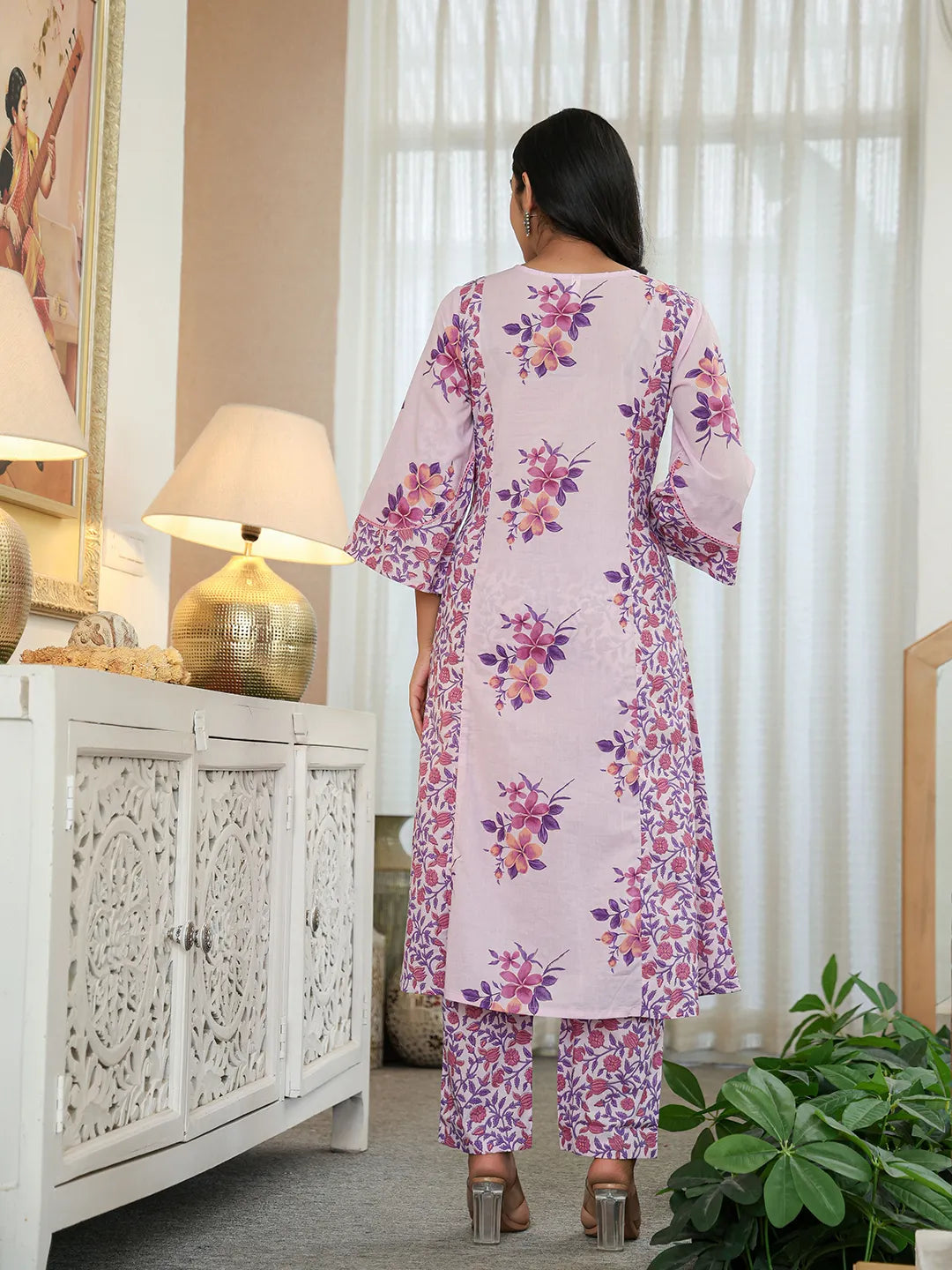 Lavender Cotton A Line  Dupatta Set With Lacework