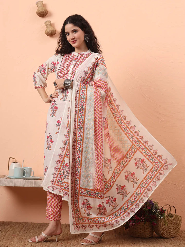 Cream Pure Cotton Kantha Work Kurta Dupatta Pant Set