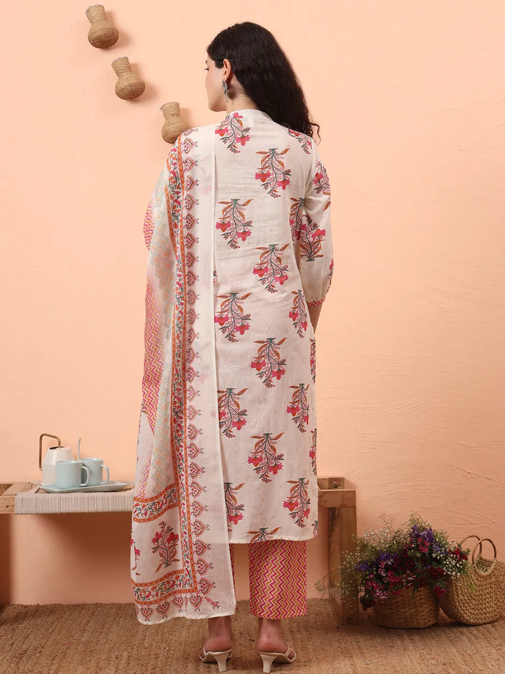 Cream Pure Cotton Kantha Work Kurta Dupatta Pant Set