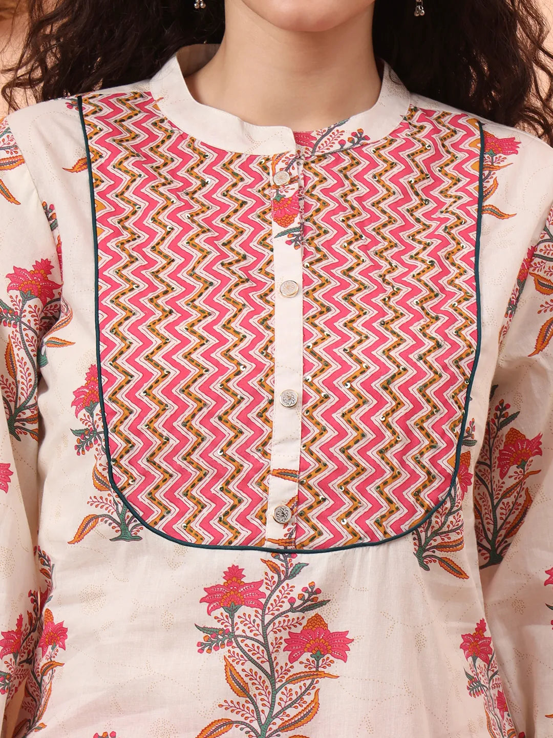 Cream Pure Cotton Kantha Work Kurta Dupatta Pant Set