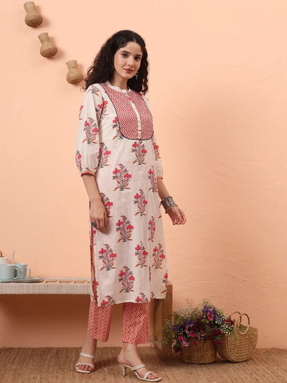 Cream Pure Cotton Kantha Work Kurta Dupatta Pant Set