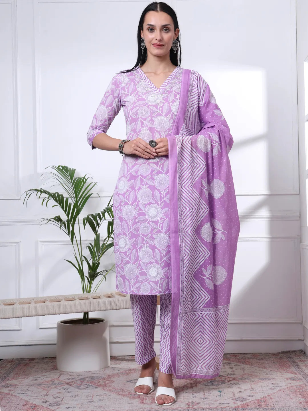 Purple Pure Cotton Floral Print Zari Work Straight Kurta Set