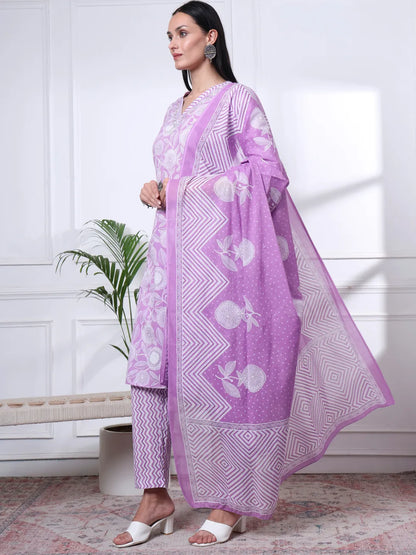 Purple Pure Cotton Floral Print Zari Work Straight Kurta Set