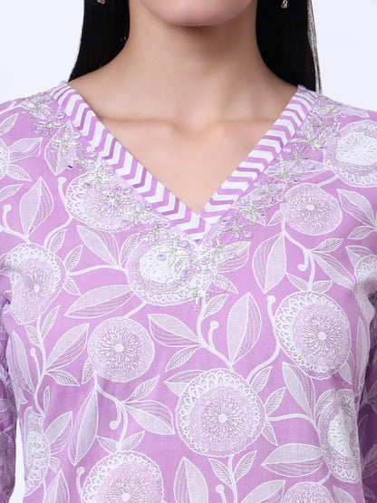Purple Pure Cotton Floral Print Zari Work Straight Kurta Set