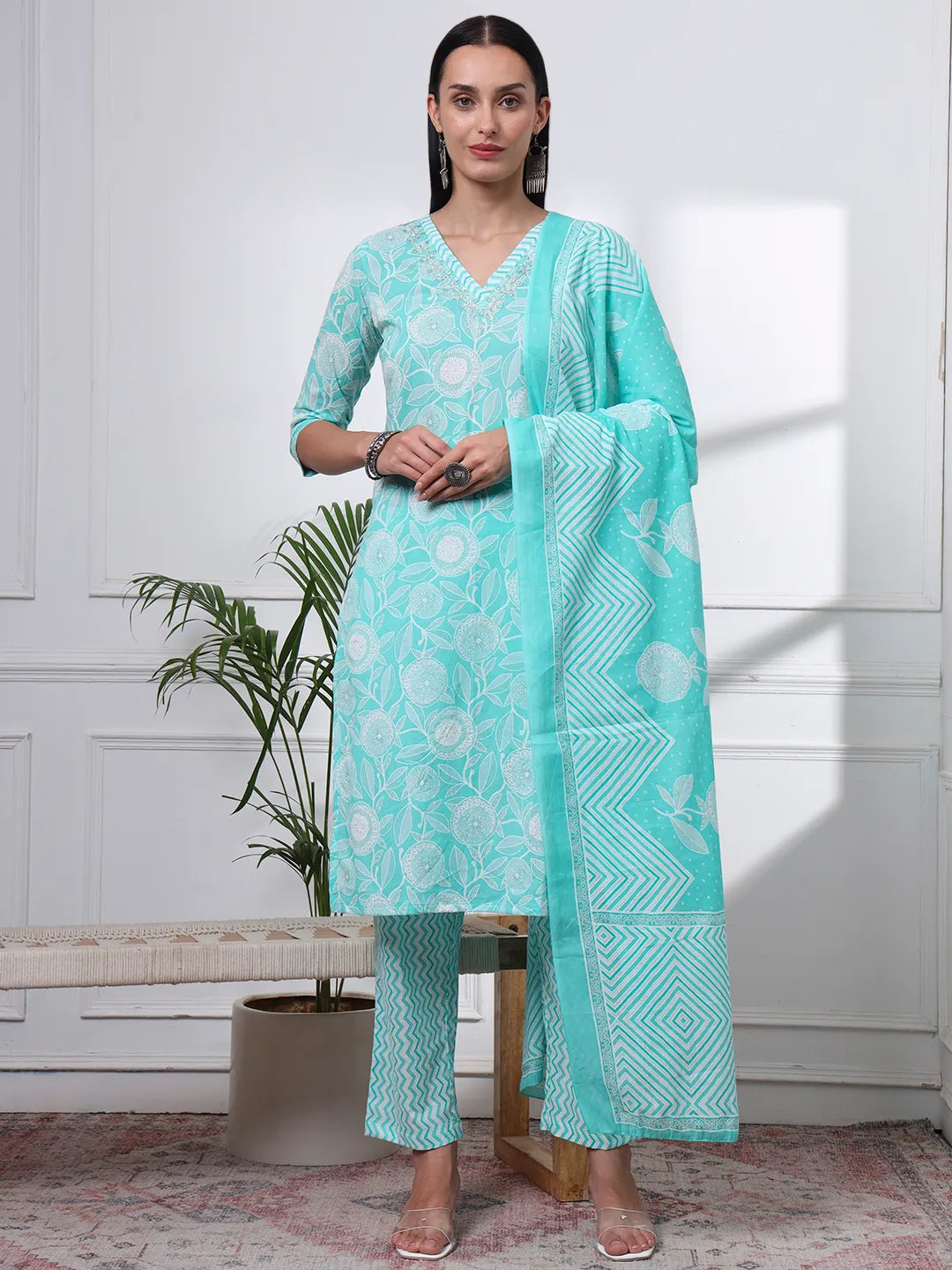 Sea Green Pure Cotton Floral Print Zari Work Straight Kurta Set
