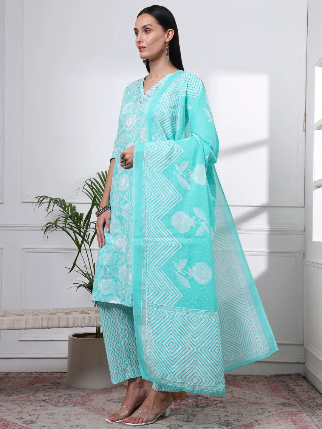 Sea Green Pure Cotton Floral Print Zari Work Straight Kurta Set