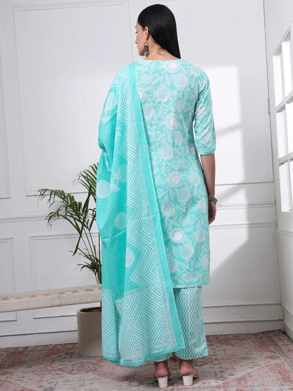 Sea Green Pure Cotton Floral Print Zari Work Straight Kurta Set