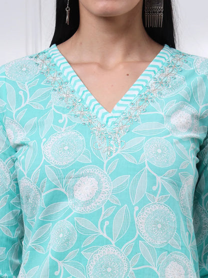 Sea Green Pure Cotton Floral Print Zari Work Straight Kurta Set