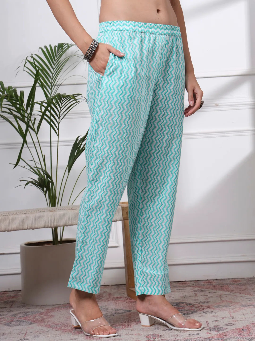 Sea Green Pure Cotton Floral Print Zari Work Straight Kurta Set