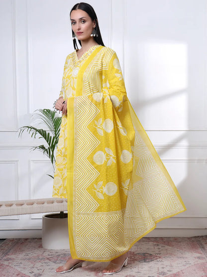 Yellow Pure Cotton Floral Print Zari Work Straight Kurta Set