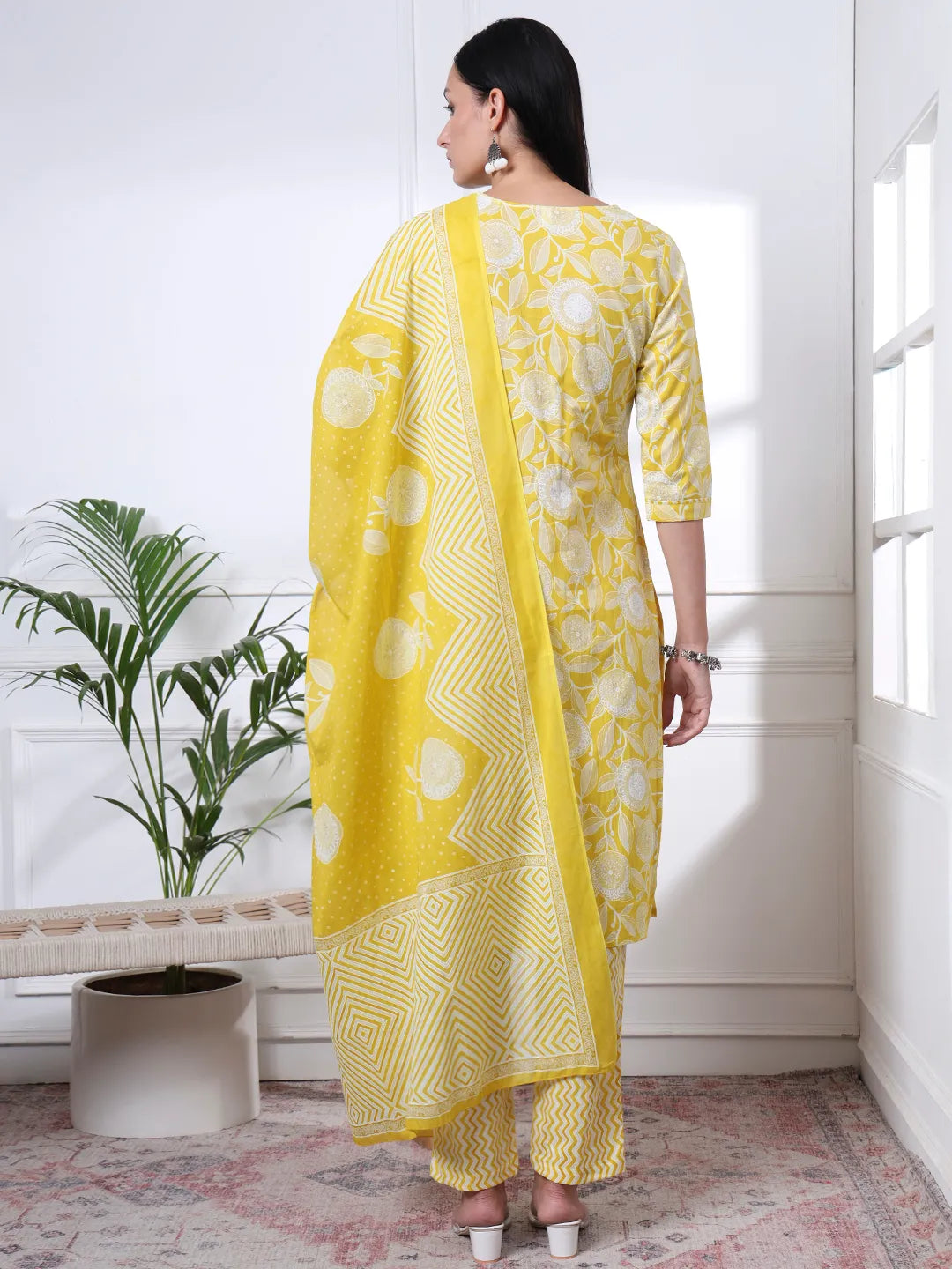 Yellow Pure Cotton Floral Print Zari Work Straight Kurta Set