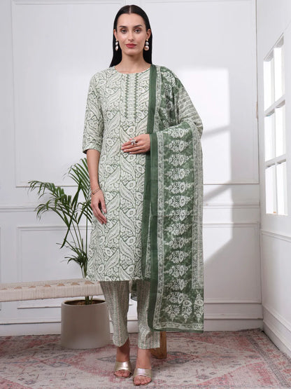 Green Pure Cotton Ethnic Motifs Straight Kurta Trouser Dupatta Set