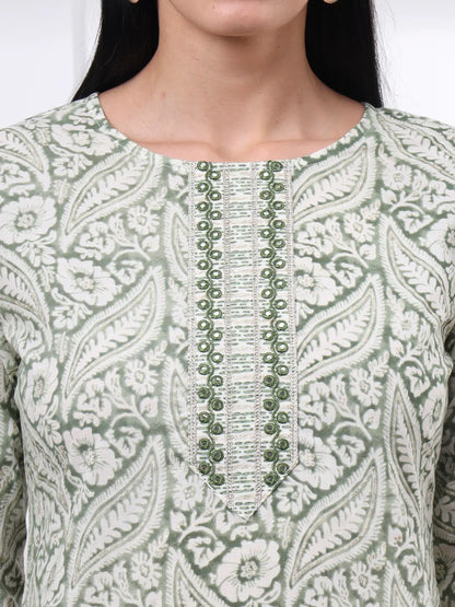 Green Pure Cotton Ethnic Motifs Straight Kurta Trouser Dupatta Set