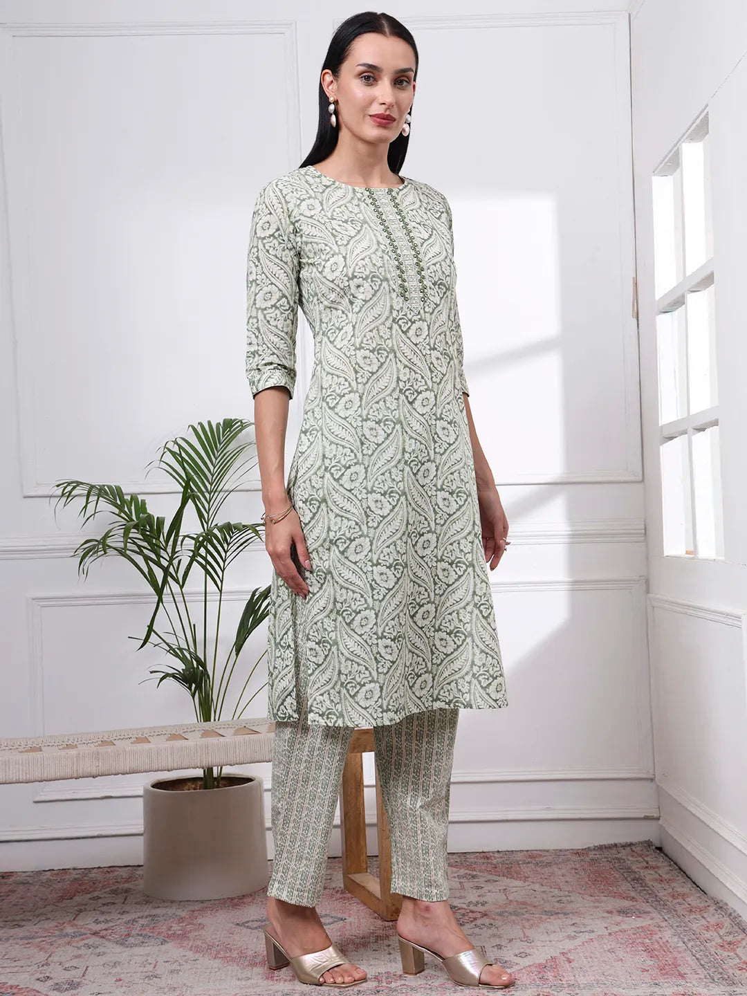 Green Pure Cotton Ethnic Motifs Straight Kurta Trouser Dupatta Set