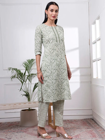 Green Pure Cotton Ethnic Motifs Straight Kurta Trouser Dupatta Set