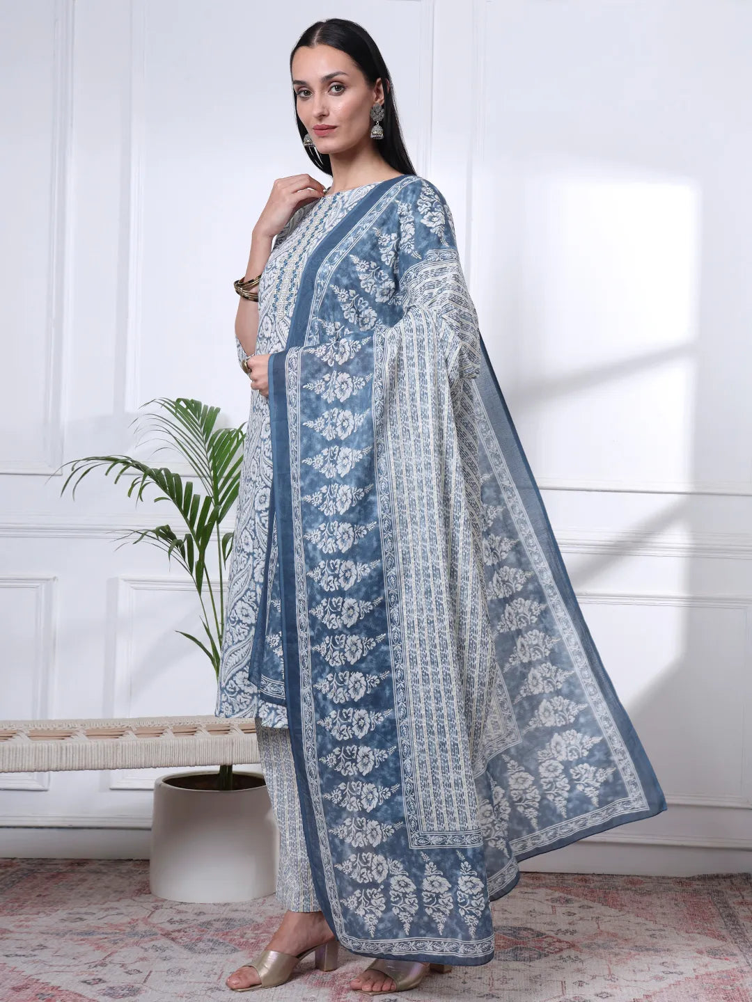 Navy Pure Cotton Ethnic Motifs Straight Kurta Trouser Dupatta Set