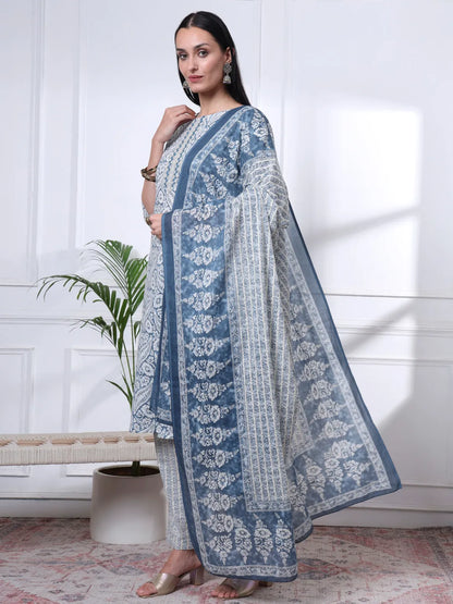 Navy Blue Pure Cotton Ethnic Motifs Straight Kurta Trouser Dupatta Set