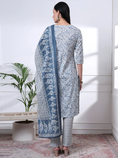 Navy Blue Pure Cotton Ethnic Motifs Straight Kurta Trouser Dupatta Set