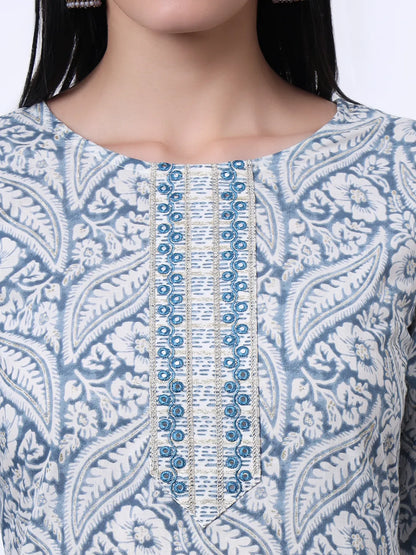 Navy Blue Pure Cotton Ethnic Motifs Straight Kurta Trouser Dupatta Set