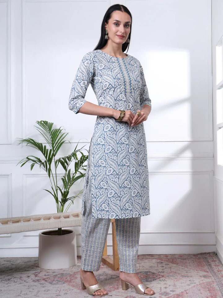 Navy Pure Cotton Ethnic Motifs Straight Kurta Trouser Dupatta Set